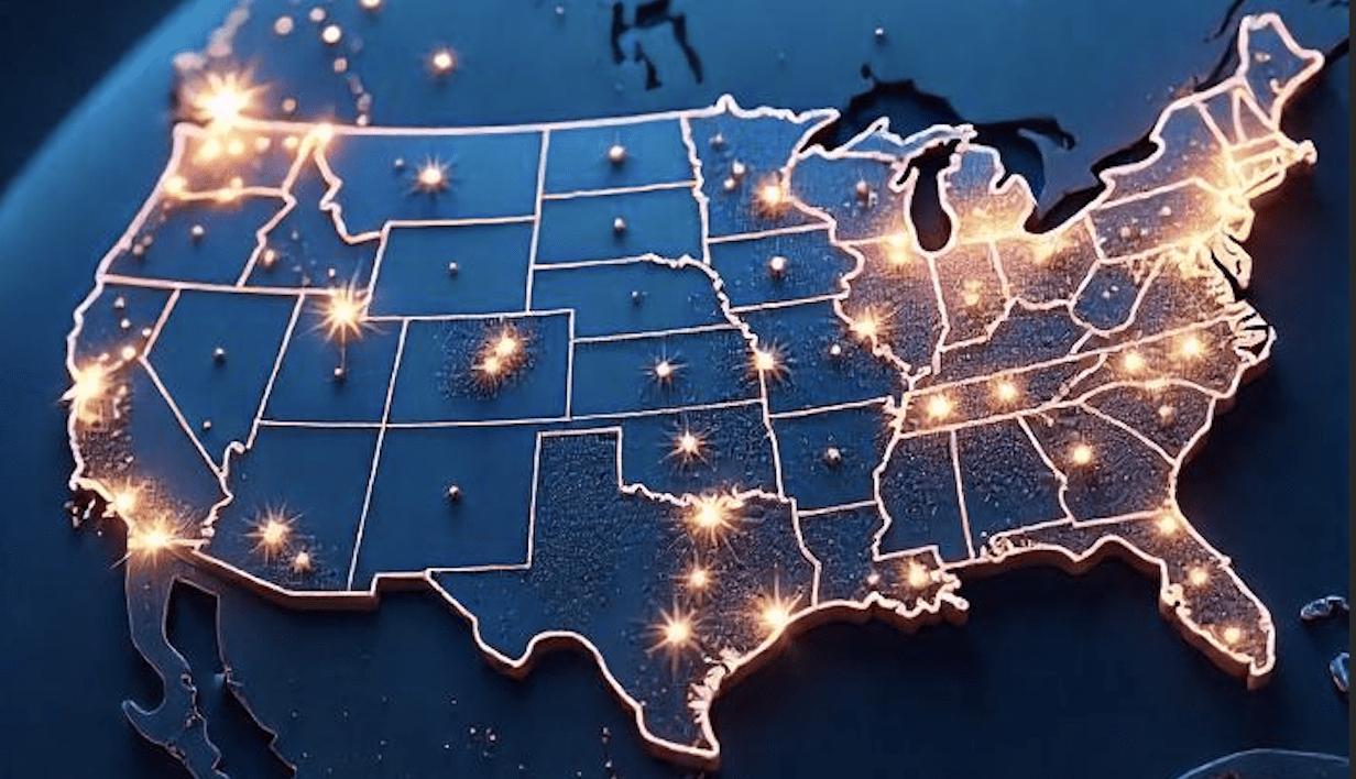 A glowing map of the United States on a dark blue globe, with city lights illuminating cities on a dark background.